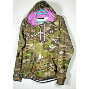 Under Armour COLDGEAR Sweatshirt Womens Sz LARGE Green CAMO Pullover Forest Pink